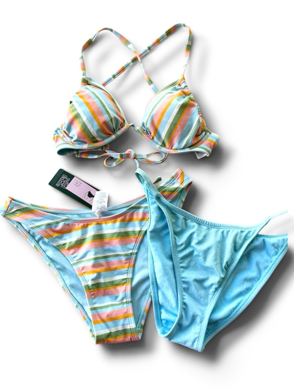 Wild Fable Set of 3 Pieces Striped Light Blue, Orange & Green Bikini Set Small